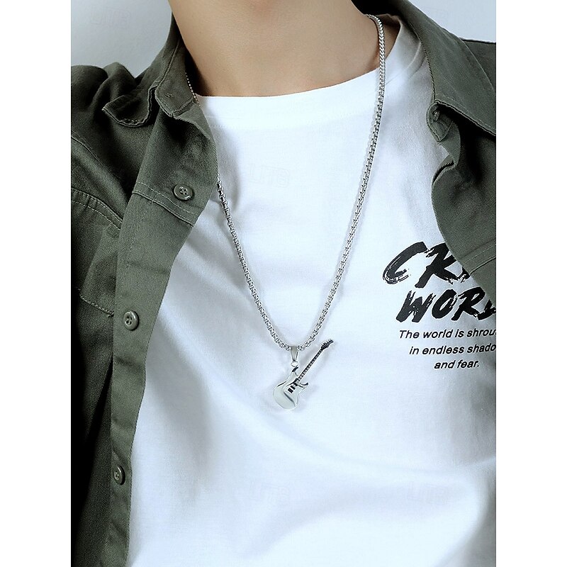 Men's Guitar Pendant Necklace – Gold and Silver Stainless Steel Rock Style Jewelry for Music Lovers and Gift Occasions4