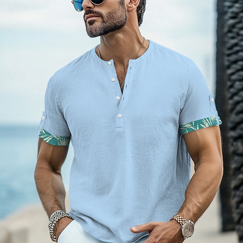 Men's Leaf Beach Shirt Aloha Shirt Short Sleeve Hawaiian Vacation Summer Spring V Neck Buttons Blue Green Gray