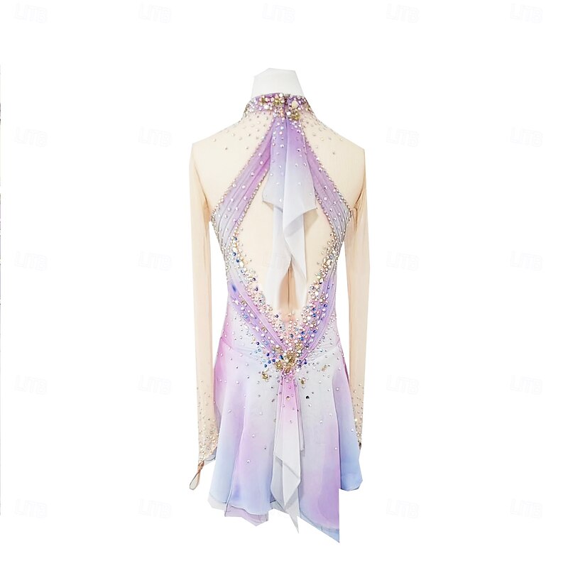 Figure Skating Dress Women's Girls' Ice Skating Dress Purple Thumbhole Halo Dyeing High Elasticity Professional Competition Skating Wear Thermal Warm Crystal / Rhinestone Long Sleeve Ice Skating3