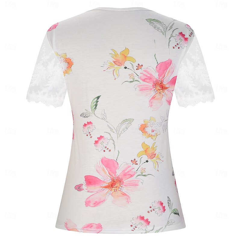 Women's Lace Splicing Top Graphic Flowers Elegant Bohemia Fashion Short Sleeve Flutter Sleeve Round Neck Regular Tops Daily Weekend Vacation Wear Lace Patchwork Print White Pink Red White Light Blue3
