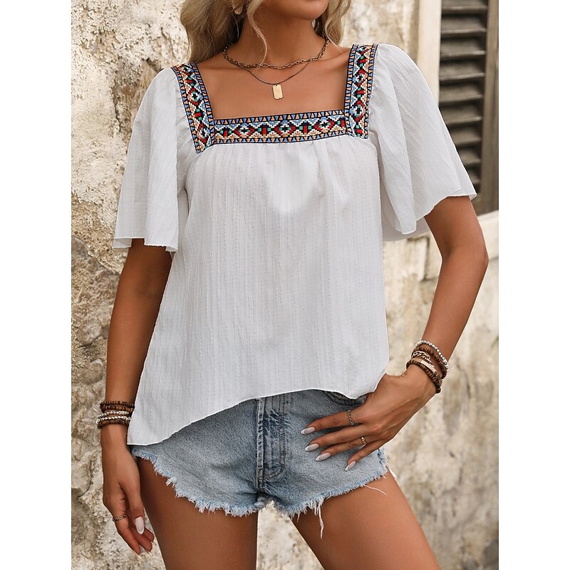 Women's Shirt Blouse Solid Color Stylish Casual Short Sleeve Square Neck Regular Tops Daily Ruffle Patchwork Embroidered Black White Summer Spring3