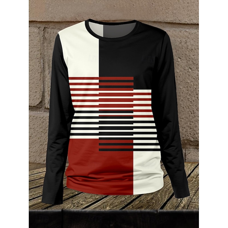 Women's T shirt Long Sleeve Crew Neck Long Sleeve Tunic Color Block Casual Long Tops Daily Print Red Fall Winter Prefall3