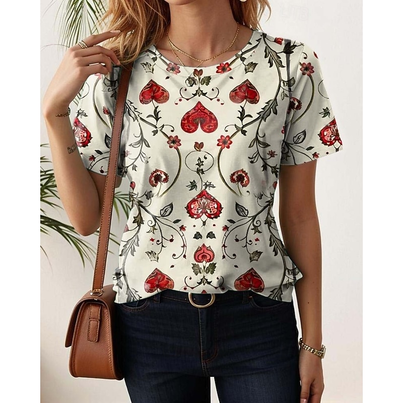 Women's T Shirt Floral Casual Short Sleeve Round Neck Regular Tops Daily Print off-white Summer