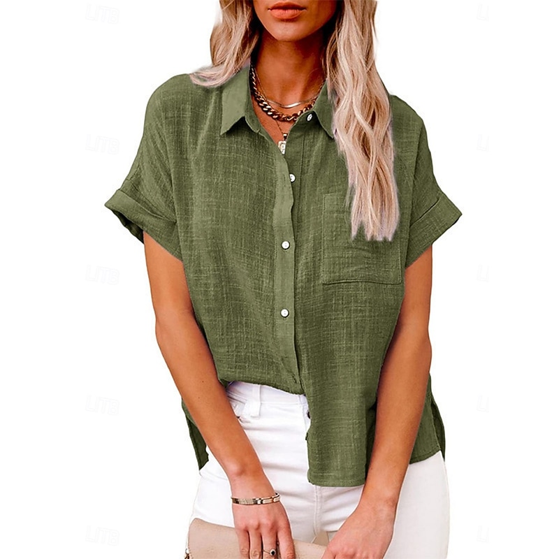 Women's Shirt Cotton Linen Shirts Button Up Blouse Solid Color Basic Casual Short Sleeve Shirt Collar Regular Tops Daily Buttons Pocket Wine Army Green Summer