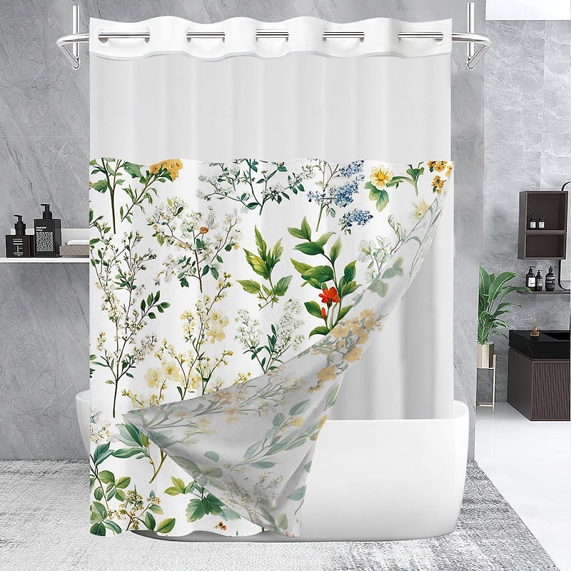 Flower Waffle-Weave Textured Shower Curtain Set with Snap-in Liner and Sheer Window Water-Repellent Polyester,Grommet Top,120GSM Hotel Quality Spa Style Bathroom Partition No Hooks Required3