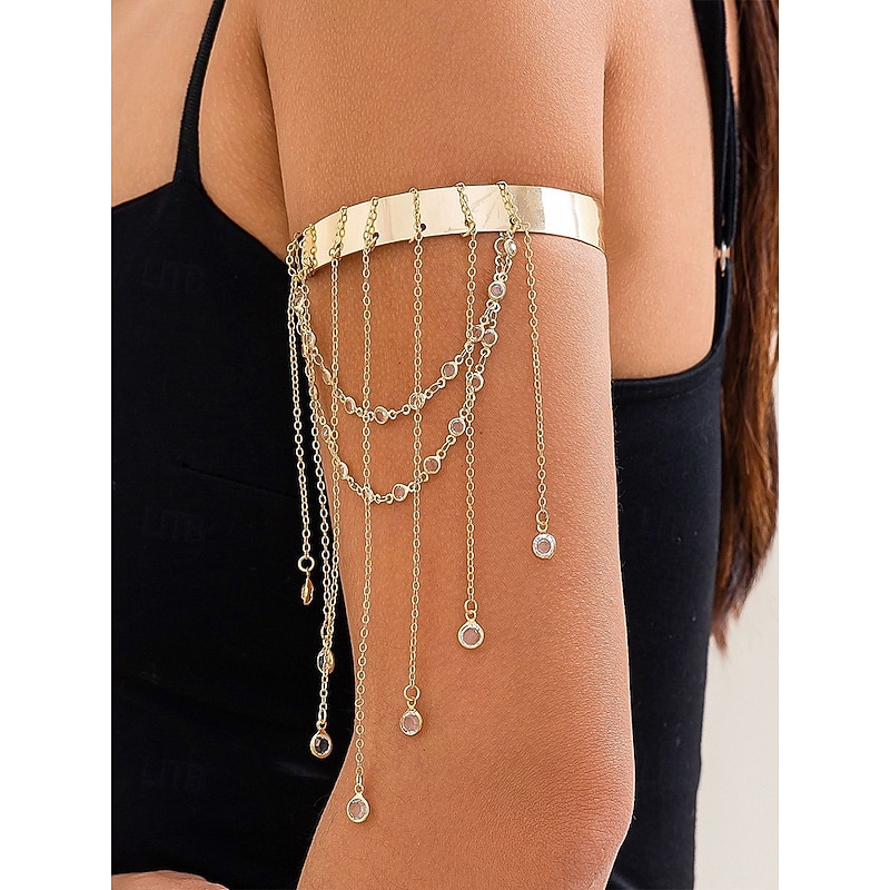 Women's Gold Chain Arm Cuff Bracelet – Elegant Adjustable Upper Arm Jewelry with Rhinestone Tassels and Dangle Chains for Parties and Special Occasions3