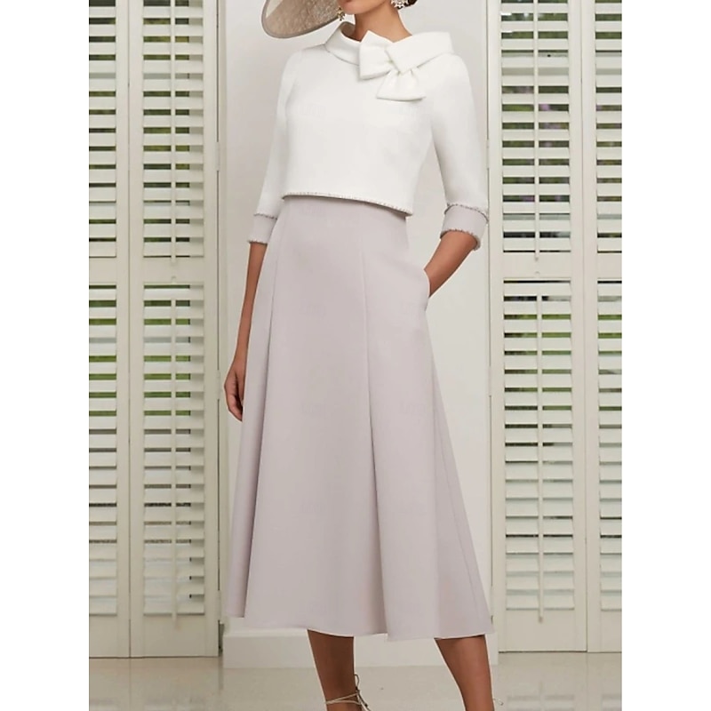 Two Piece Mother of the Bride Dress Wedding Guest Church Elegant Jewel Neck Ankle Length Stretch Satin 3/4 Length Sleeve Short Jacket Skirts with Bow(s) Race Day Dress3