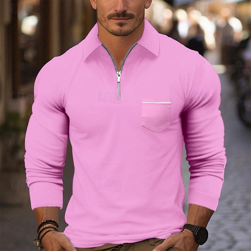 Men's Quarter Zip Polo Golf Shirt Daily Holiday Quarter Zip Long Sleeve Fashion Modern Plain Pocket Spring Fall Regular Fit Black White Pink Wine Royal Blue Sky Blue Quarter Zip Polo4
