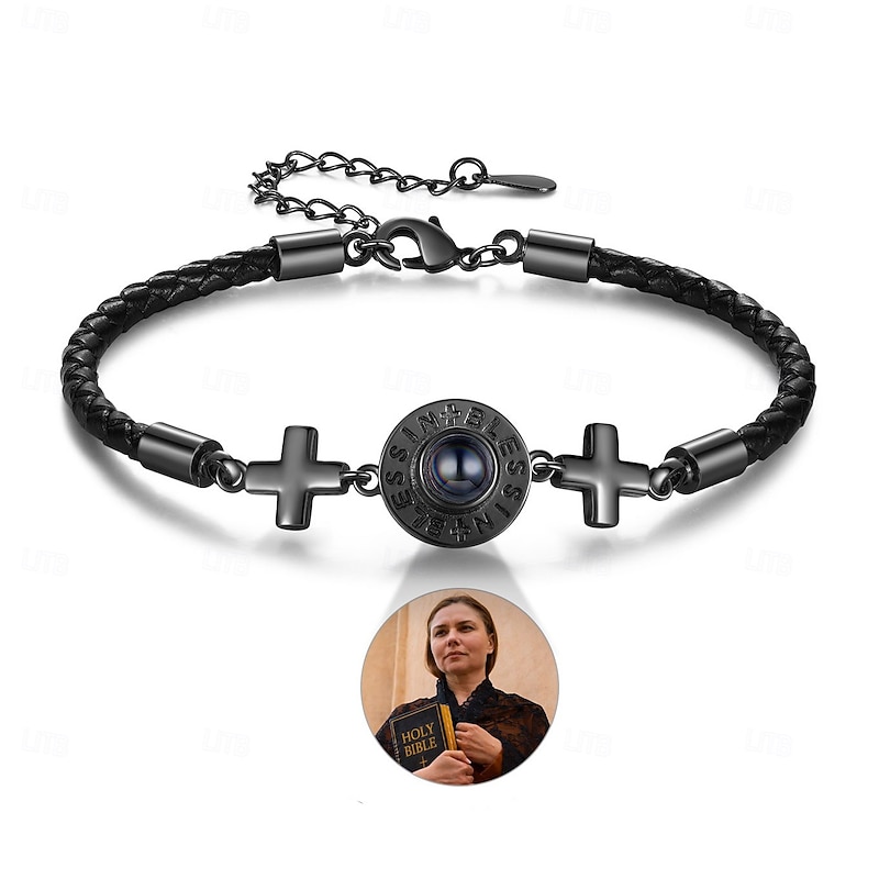 Personalized Cross Photo Bracelet Custom Best Gift for Dad, Christian Gift with Projection Stone for Friends, Family, Wedding, Christmas, Birthday, Anniversary