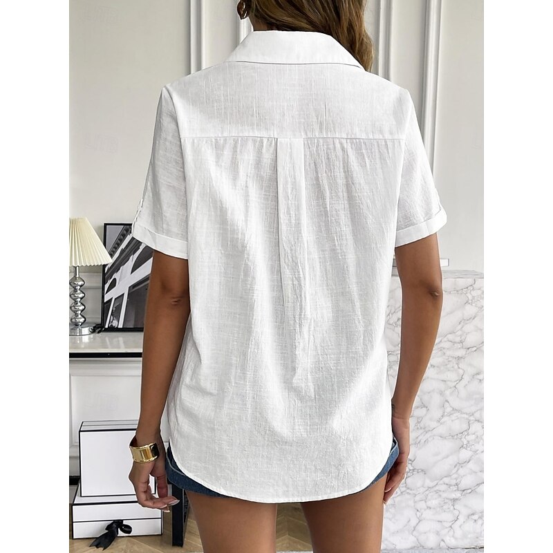 Women's Shirt Cotton Linen Shirts Button Up Blouse Solid Color Stylish Casual Short Sleeve Shirt Collar Regular Tops Daily Buttons White Blue Summer Spring4
