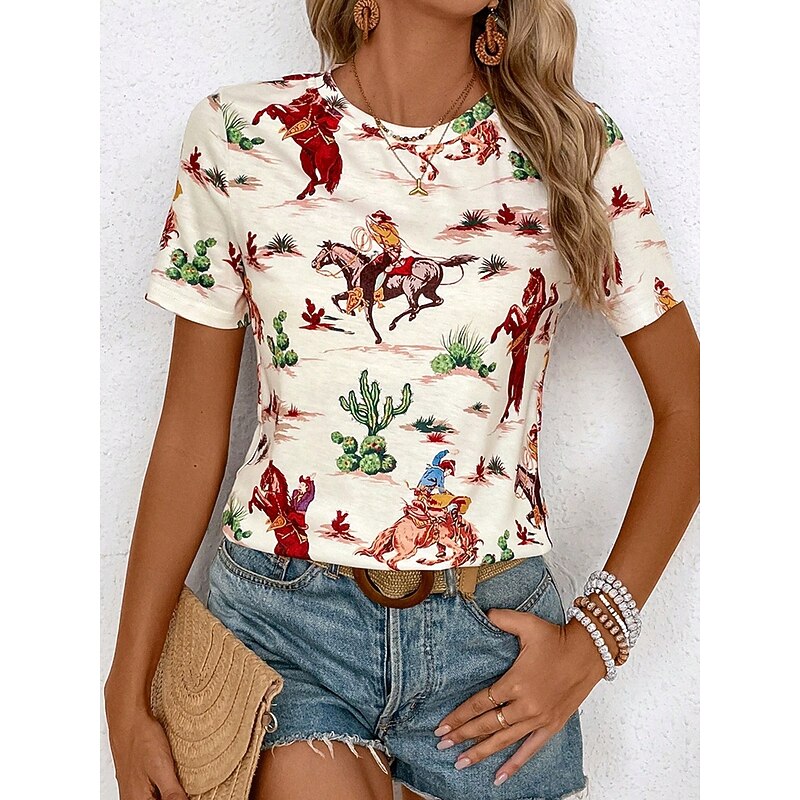 Women's T Shirt Horse Casual Short Sleeve Round Neck Regular Tops Daily Print off-white Summer