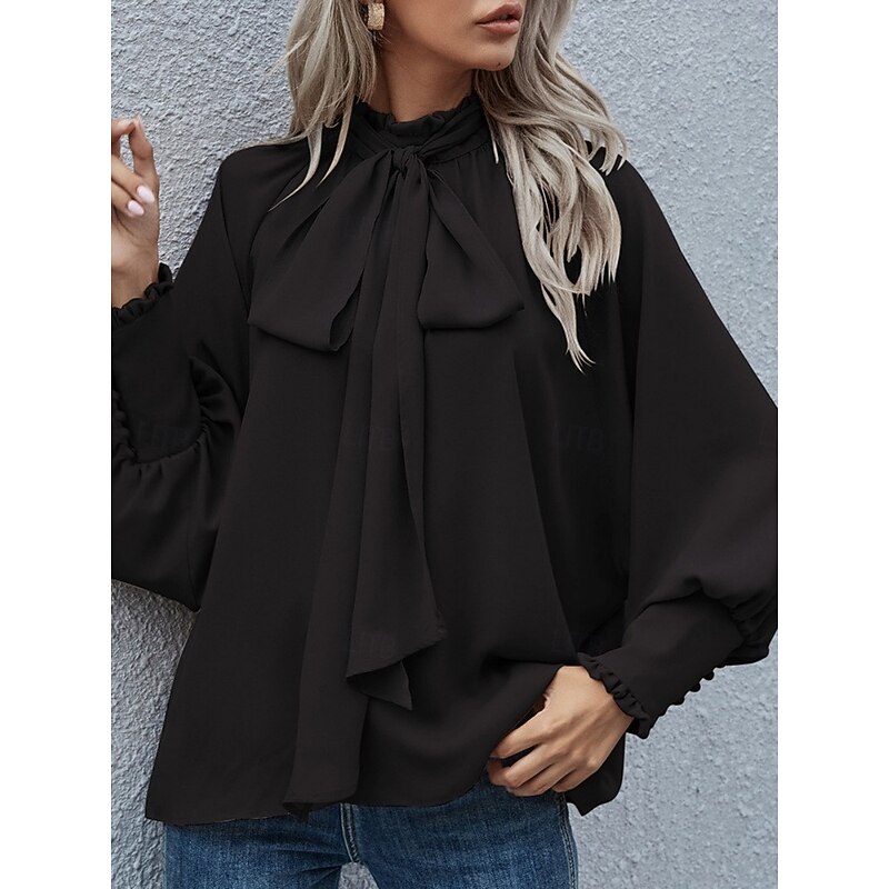 Women's Shirt Blouse Solid Color Stylish Casual Long Sleeve Turtleneck Regular Tops Daily Lace up Buttons Black Beige Summer2