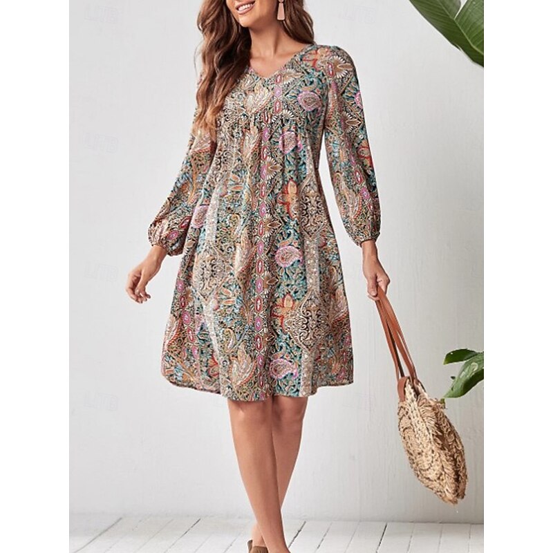 Women's Mini Dress Petite Dress Vintage Dress A Line Dress Boho Dress Stylish Casual Vacation Daily Regular Fit Floral Long Sleeve V Neck Red Summer4