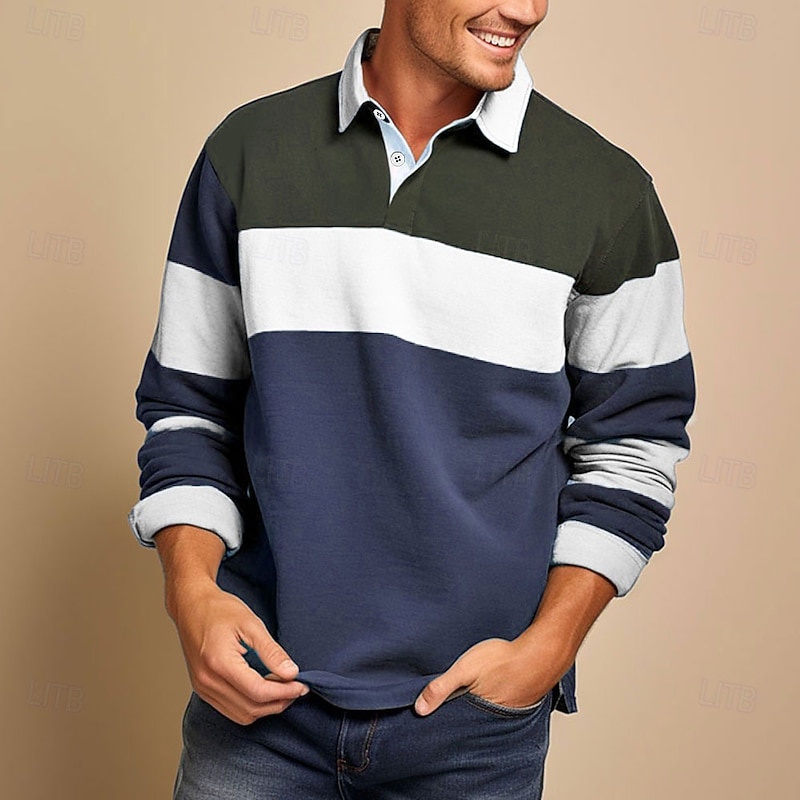 Men's Striped Rugby Polo Shirts Long Sleeve Polo Shirts Collar Business Casual Formal Outdoor Dailywear 3D Print Buttons Spring Fall Winter Blue Green Army Green3