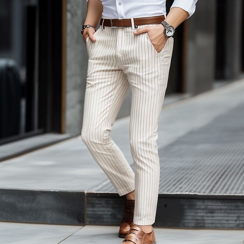 Men's Geometric Striped Dress Pants Trousers Mid Waist Business Casual Outdoor Vacation Streetwear with Pockets Slim Fit Flat-Front Summer Spring Fall 3D Print Black khaki