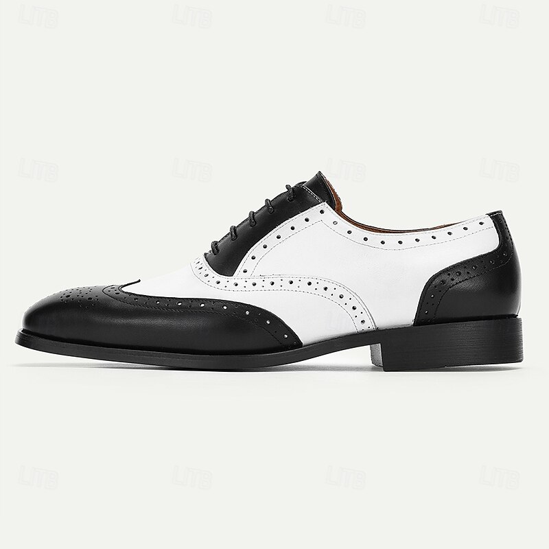 Men's Black and White Wingtip Oxford Shoes – Premium Cowhide Leather, Brogue Detailing, Classic Formal Style, Perfect for Weddings and Business Attire3