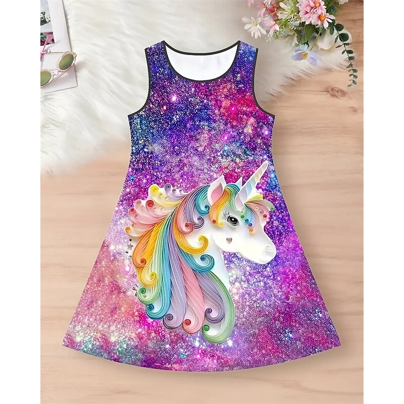Girls' 3D Graphic Unicorn Dress Sleeveless Summer Spring Vacation Daily Holiday Princess Beautiful Sweet Kids 4-12 Years Casual Dress A Line Dress Knee-length Regular Fit