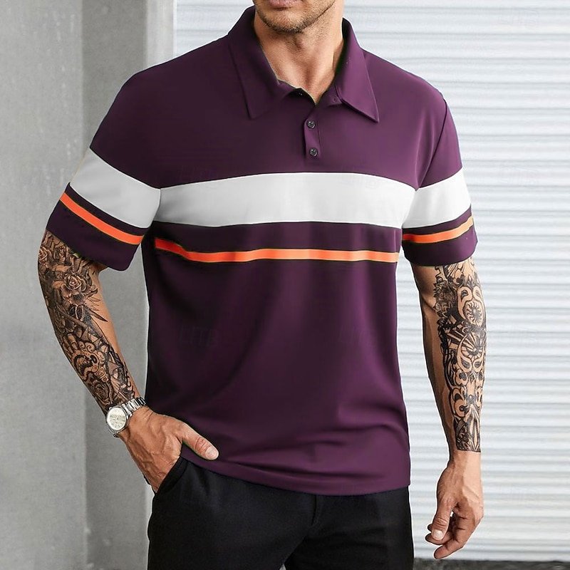 Men's Striped Rugby Polo Short Sleeve Polo Shirts Collared Shirts Casual School Outdoor Sports Daily Wear 3D Print Summer Red Blue Purple3