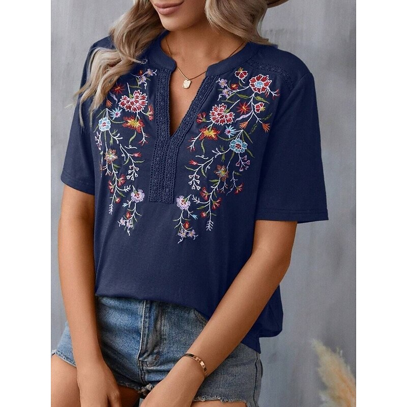 Women's Shirt Blouse Floral Stylish Casual Short Sleeve Notched Neck Regular Tops Daily Embroidered Army Green Navy Blue Summer4