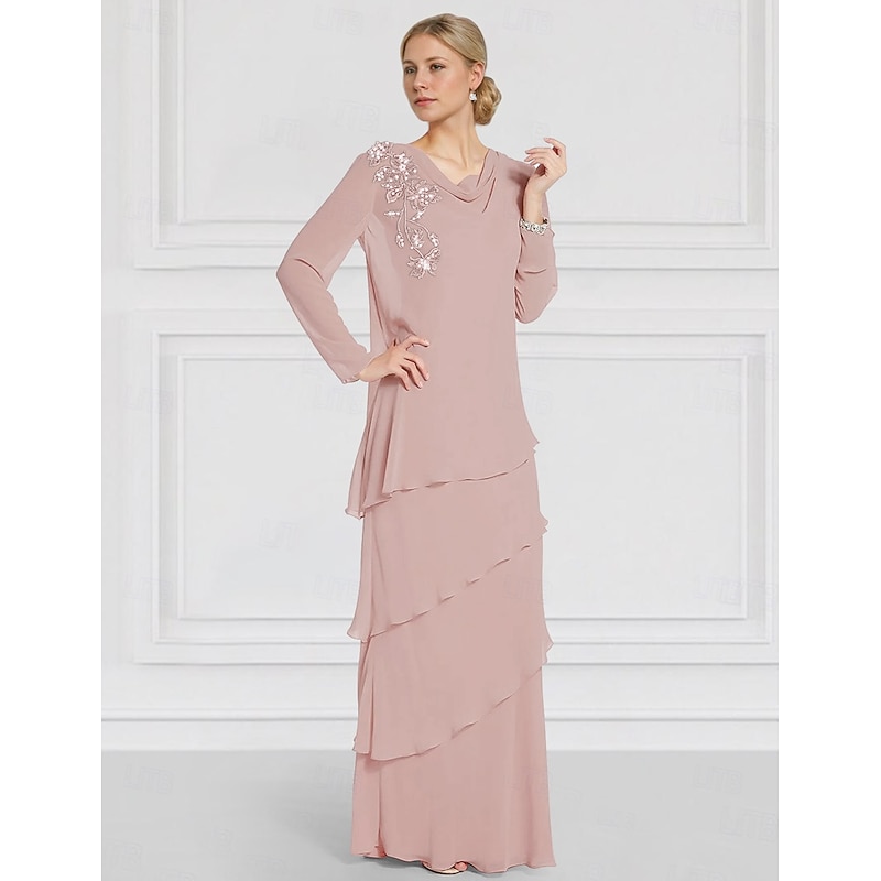 Jacket Dress Mother of the Bride Long Sleeve with Lace Ruffles Chiffon Elegant Vintage Crew Neck Floor Length Dress Cascading Ruffles4