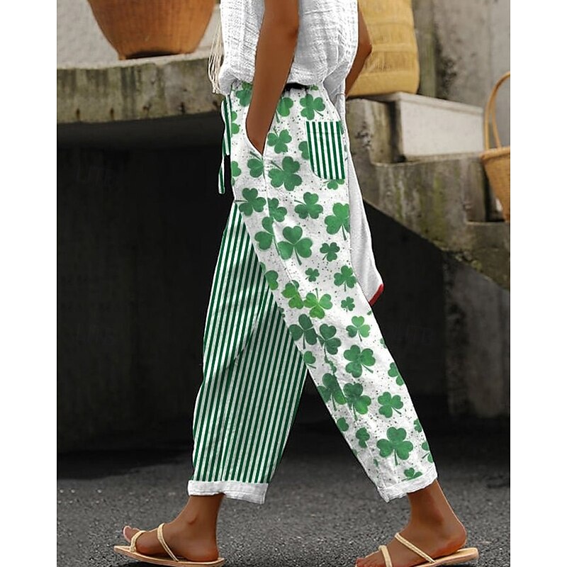 Women's Cotton Linen Pants Pants Trousers Lightweight Casual Full Length Mid Rise Graphic Shamrock Pocket Drawstring Breathability Comfortable Inelastic Casual Daily Weekend Green Clover Summer Spring2