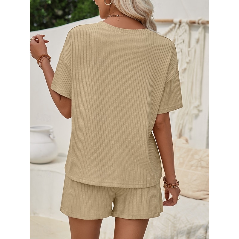 Women's Fashion Streetwear Daily T Shirt Baggy Shorts Short Sleeve Crew Neck Plain Casual Daily Pink Khaki Summer Regular Fit2