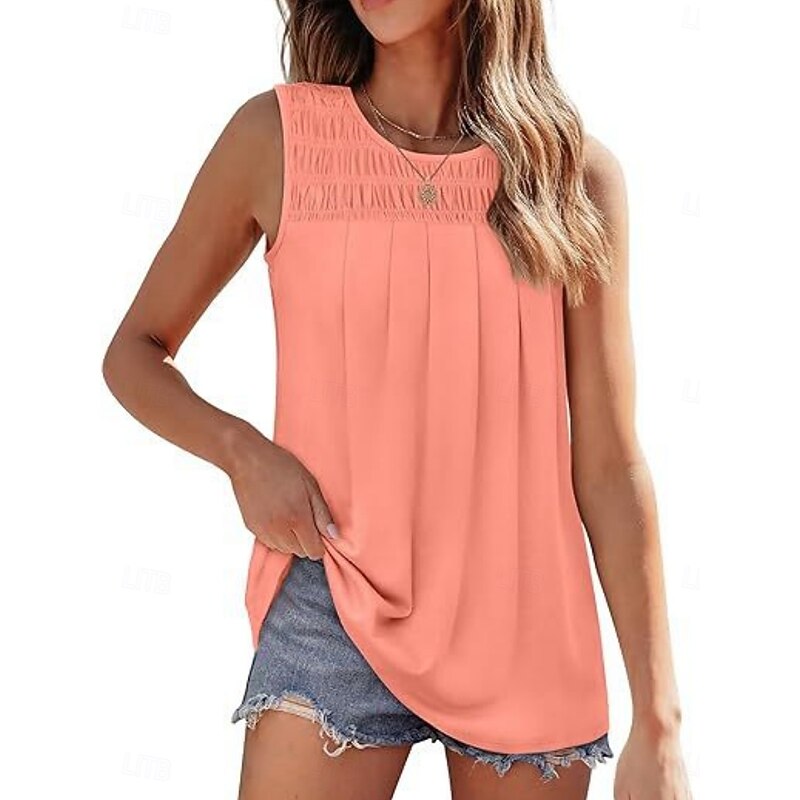 Women's Blouse Solid Color Basic Casual Sleeveless Crew Neck Regular Tops Daily Ruched White Pink Summer