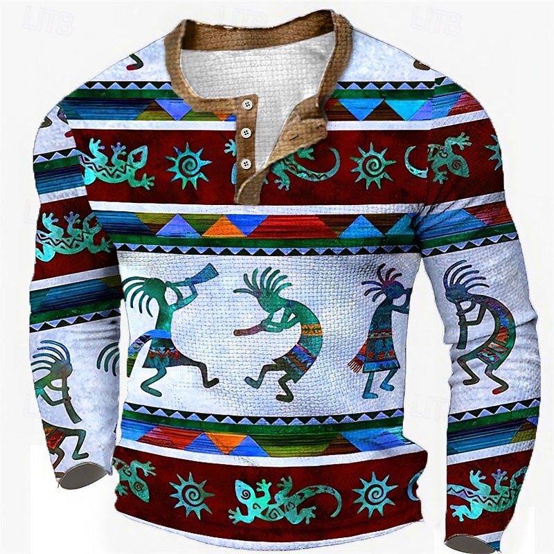 Men's Graphic Tribal Henley Shirt Waffle T Shirt Long Sleeve 3D Print Fashion Designer Ethnic Sports Outdoor Holiday Festival Spring &  Fall Blue Brown Green Gray Henley Henley T-Shirt3