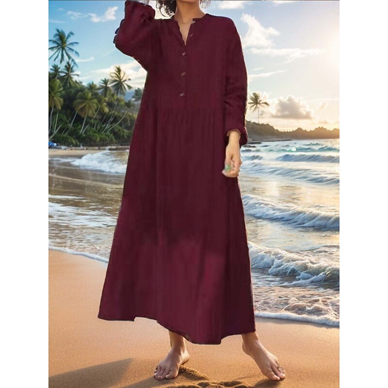 Women's Long Dress Maxi Dress Linen-Inspired Dresses Cotton Linen Dress Hawaiian Regular Fit Solid Color Long Sleeve Crew Neck claret Beige Summer Spring
