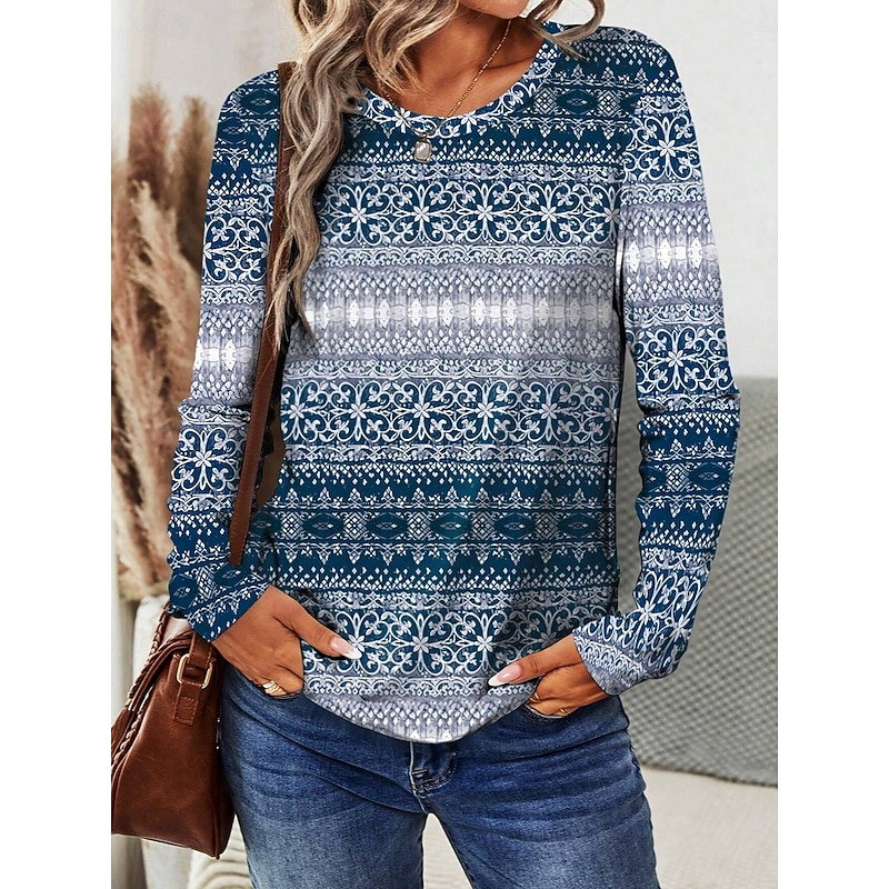 Women's T shirt Crew Neck Long Sleeve Tunic Graphic Geometric Casual  Regular Tops Daily Print Dusty Blue Spring Fall3