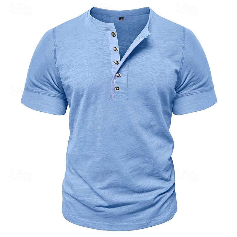 100% Cotton Men's Henley Shirt Tee Short Sleeve Solid Color Plain Classic Style Buttons Henley Casual Daily Summer Spring & Fall Black White Light Blue Henley T-Shirt3