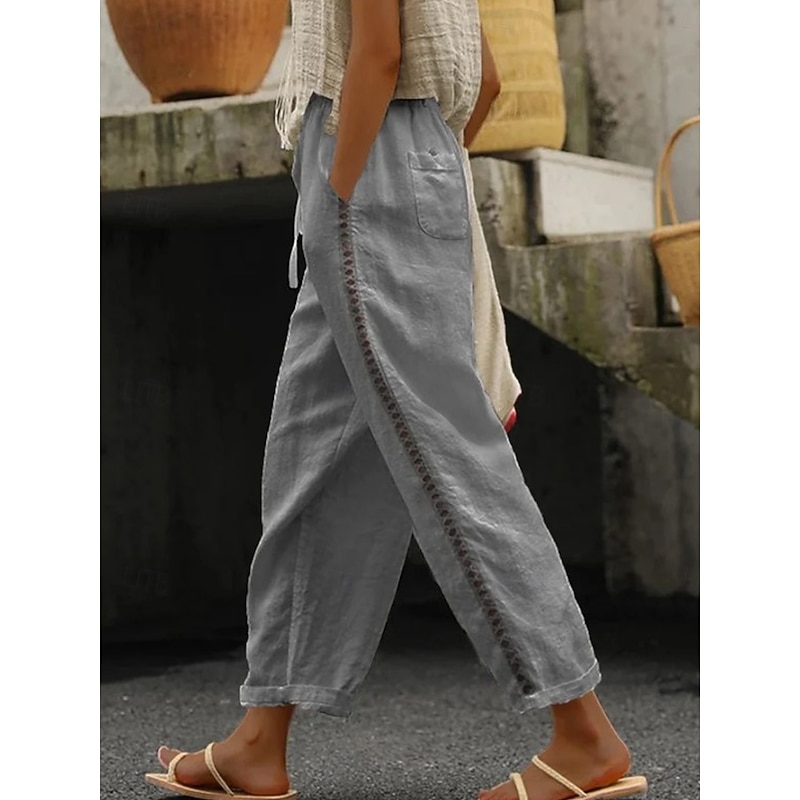 Women's Sweatpants Chinos Fashion Streetwear Ankle-Length High Waist Plain Lace Pocket Elastic Waistband Comfy Soft Comfortable Micro-elastic Outdoor Street Black White Khaki Gray Summer Regular Fit2