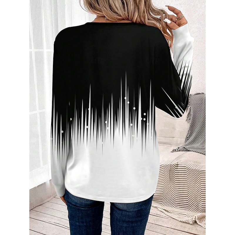 Women's T shirt Long Sleeve Crew Neck Long Sleeve Tunic Ombre Casual Regular Tops Daily Print Black and White Spring Fall Prefall2