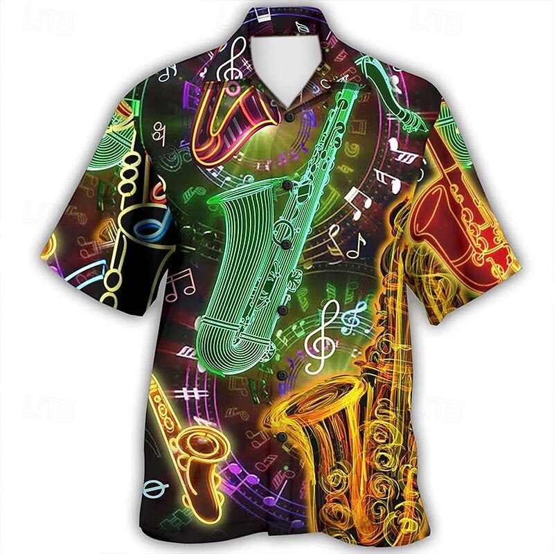 Men's Boardmasters Music Guitar Shirt Summer Hawaiian Shirt Button Up Shirt Short Sleeves Tropical Fashion Streetwear Street Casual Daily Summer Spring Turndown Print Button-Down Yellow Army Green3