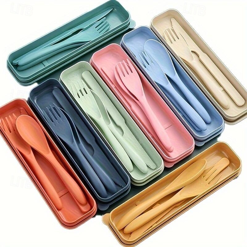 Travel Utensil Set with Case, Wheat Straw Reusable Spoon Knife Forks Tableware, Portable Cutlery for Adult Travel Picnic Camping or Birthday, Anniversary Use