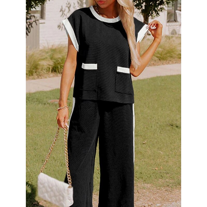Women's Fashion Streetwear Daily T Shirt Wide Leg Pants Short Sleeve Crew Neck Plain Casual Daily Black White Summer Regular Fit2