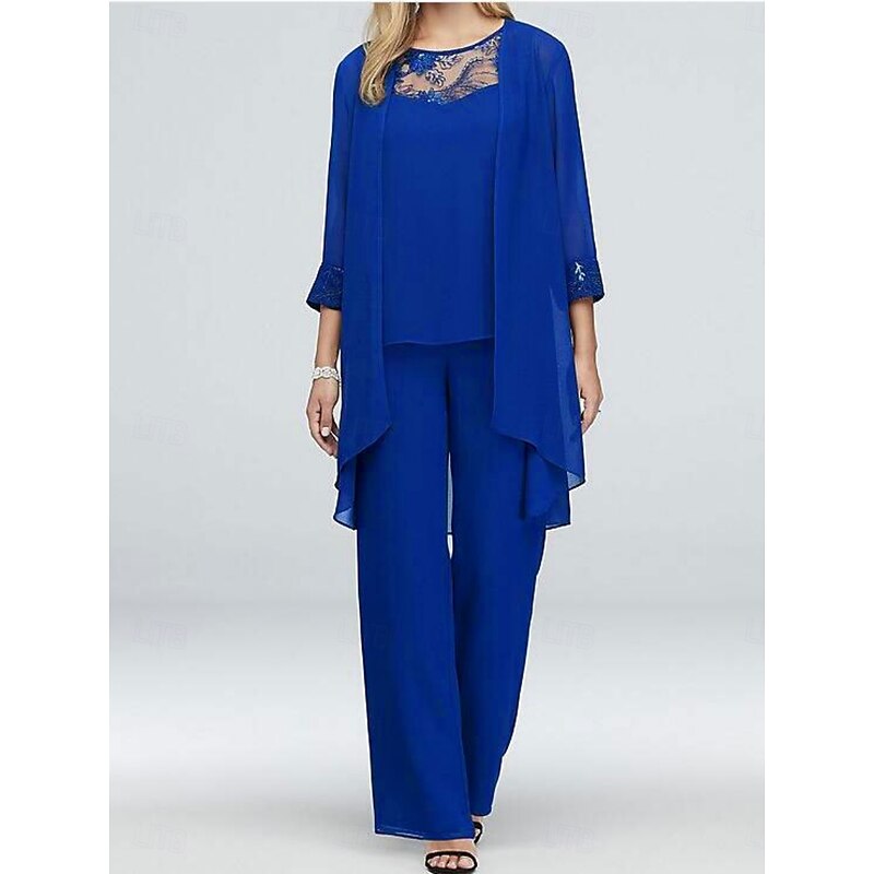 Women's Fashion Streetwear Daily Shirt Lace Shirt Wide Leg Pants 3/4 Length Sleeve Crew Neck Plain Lace Patchwork Casual Daily Black Blue Gray Summer Regular Fit4