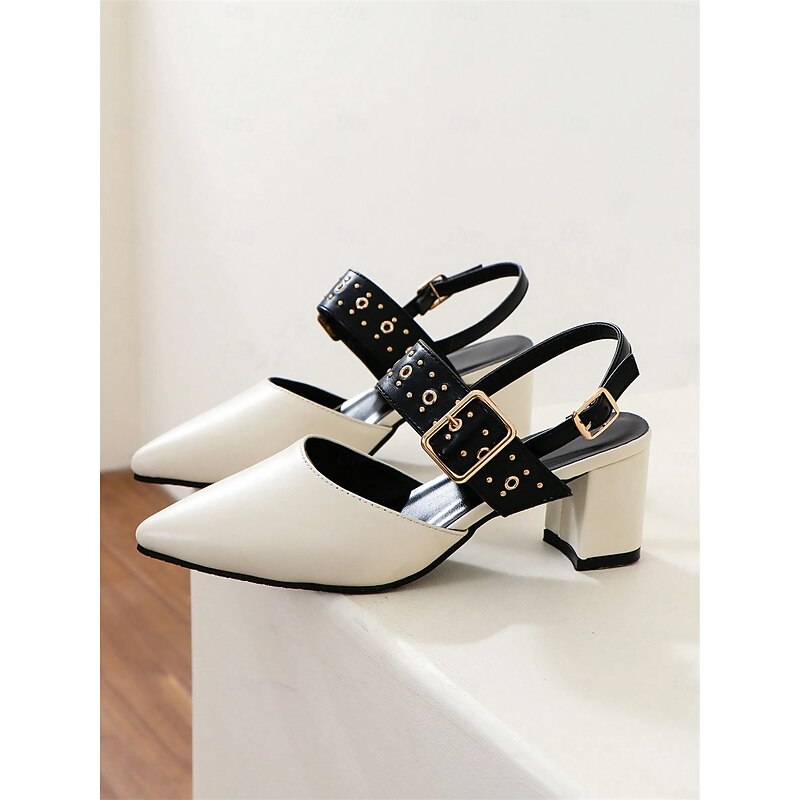 Women's Beige Pointed-Toe Block Heel Sandals with Studded Buckle Straps – Stylish and Comfortable for Work, Parties and Casual Wear4