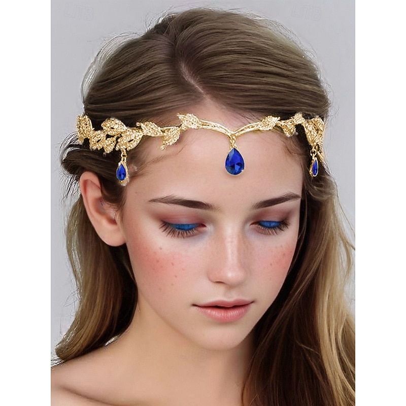 Gold Leaf Headpiece with Blue Gemstone Drops – Vintage Bohemian Tiara for Women, Perfect for Weddings, Renaissance Fairs and Cosplay