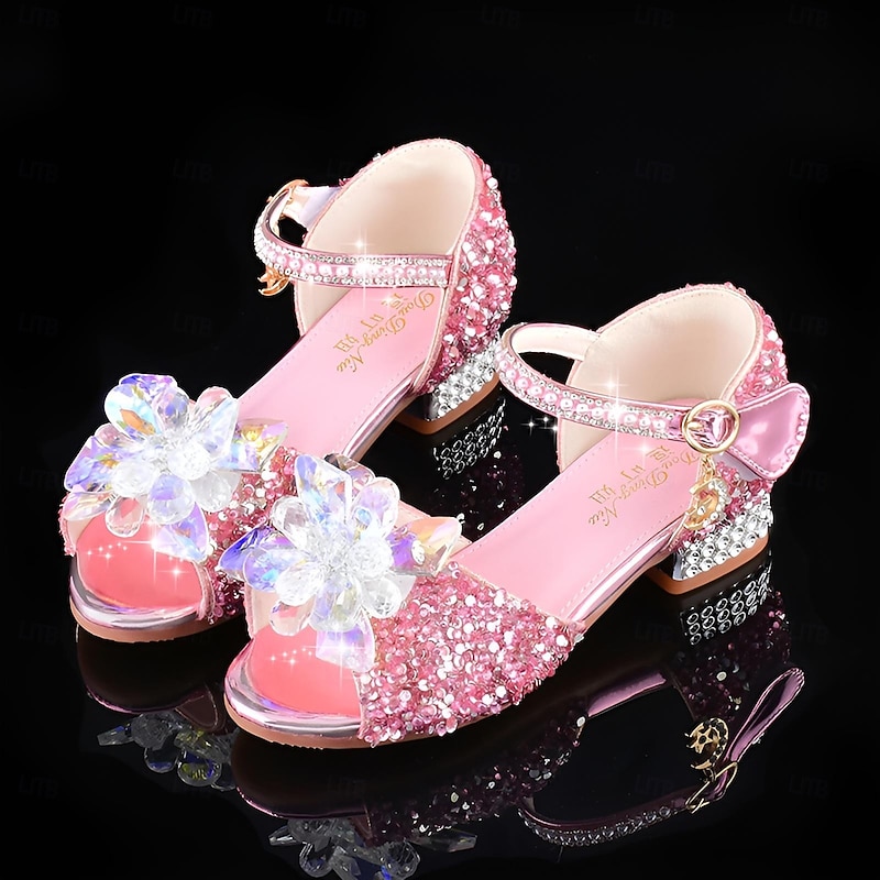 Girls' Glittery Flower Crystal Shoes – Rhinestone Open-Toe Dress Shoes with Low Heels for Parties or Weddings4