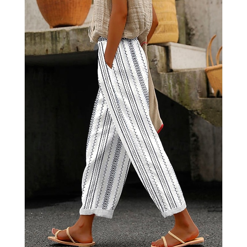 Women's Cotton Linen Pants Pants Trousers Lightweight Casual Full Length Mid Rise Stripe Pocket Drawstring Breathability Comfortable Inelastic Casual Daily Weekend River Blue White Summer Spring