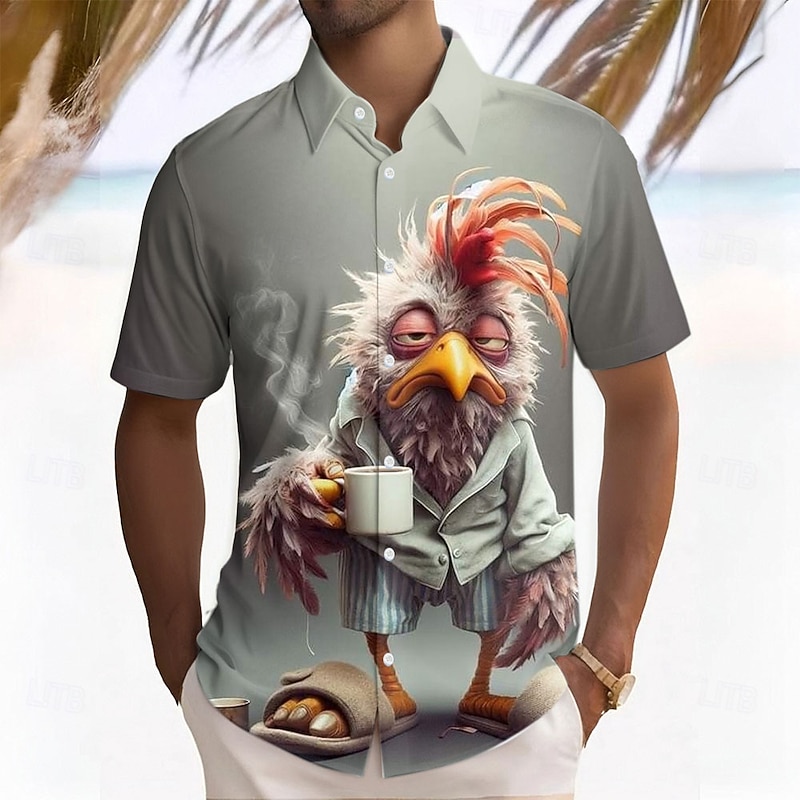 Men's Chicken Shirt Button Up Shirt Short Sleeve Funny Summer Spring Turndown Button Up White Gray
