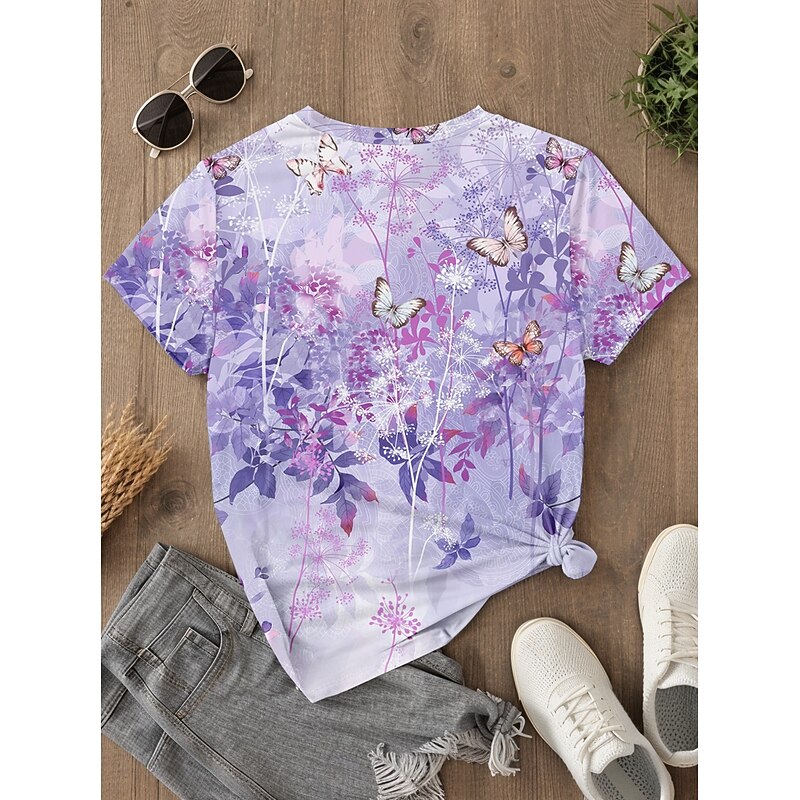 Women's T Shirt Floral Animal Casual Short Sleeve Round Neck Regular Tops Daily Print Purple Summer Spring2