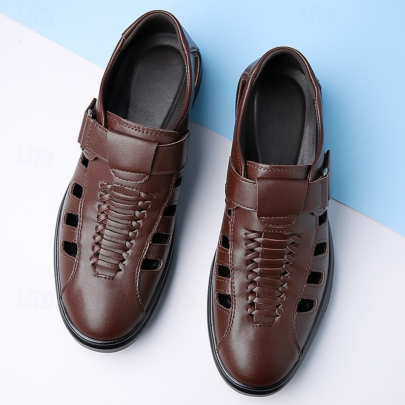 Men's Brown Faux Leather Breathable Sandals – Velcro Strap, Woven Closed-Toe Design, Comfortable Summer Footwear for Outdoor and Casual Wear4