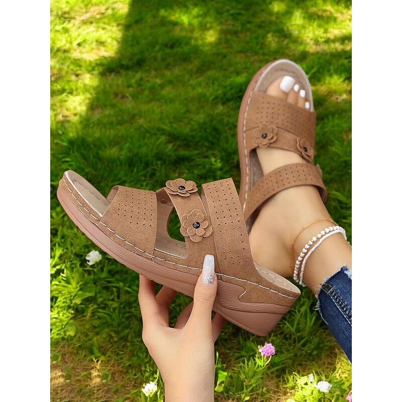 Women's Brown Perforated Wedge Sandals with Floral Accents and Open Toe Design - Comfortable Summer Footwear for Casual Outings and Daily Wear3