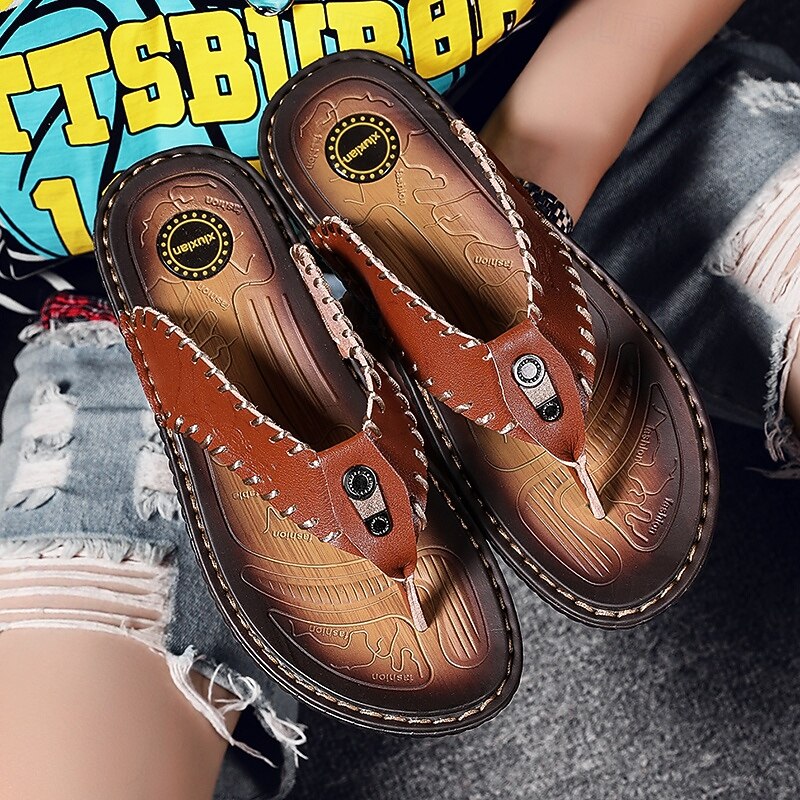 Men's Vintage Brown Faux Leather Flip Flops - Handmade Open-Toe Summer Sandals with Non-Slip Sole for Beach, Travel and Casual Wear