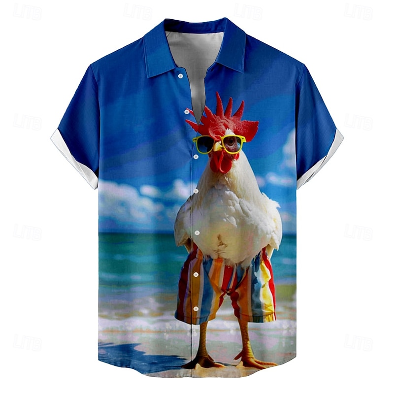 Men's Chicken Shirt Beach Shirt Short Sleeve Funny Summer Spring Turndown Button Up Blue