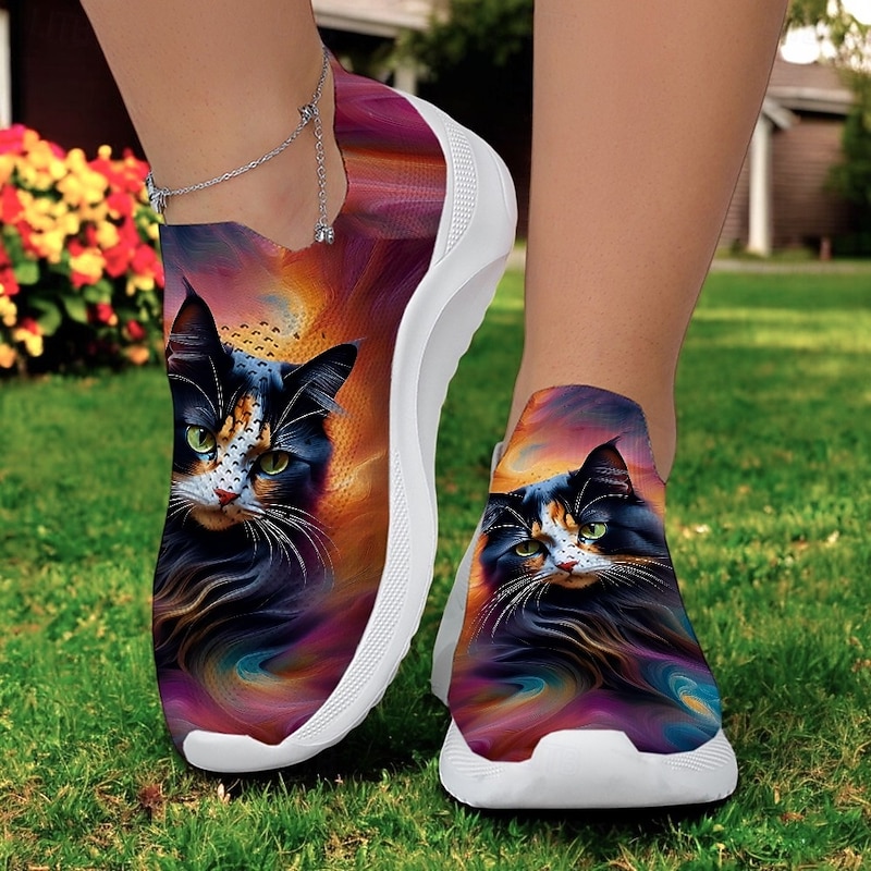 Women's Cat and Butterfly Print Flyknit Sneakers - Breathable Lightweight Casual Shoes for Everyday and Outdoor Activities