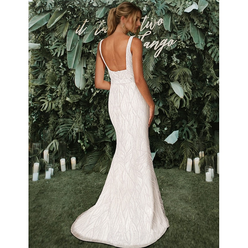 Wedding Dresses Mermaid / Trumpet Square Neck Detachable Sleeve Beaded Lace Applique Sleeveless Court Train Lace Bridal Suits Bridal Gowns With High Slit4