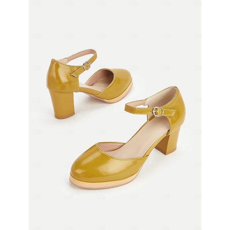 Women's Yellow Mary Jane Block Heel Pumps with Round Toe and Adjustable Strap for Retro Style, Office Wear and Formal Events3